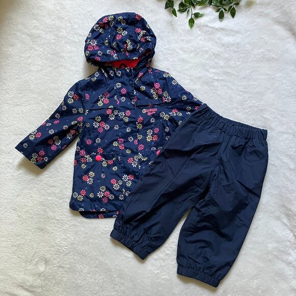 OshKosh B’gosh Toddler 12M Girls Rain Jacket & Pants Set Navy Floral Waterproof - Picture 1 of 16